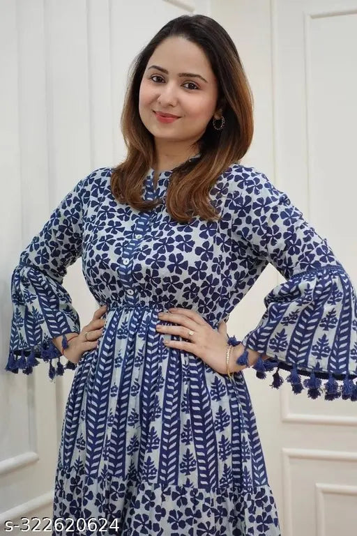 Indian Anarkali bell sleeve pom pom work kurta, blue and white color block pattern with intricate designs