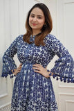 Indian Anarkali bell sleeve pom pom work kurta, blue and white color block pattern with intricate designs