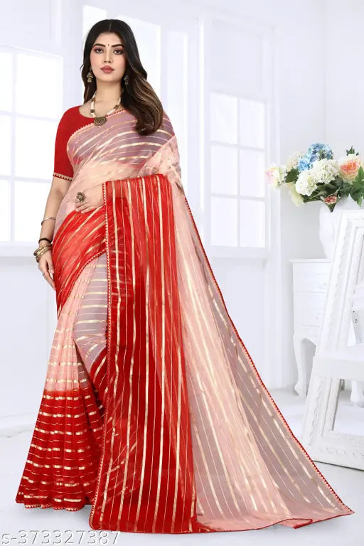 Fancy organza Puspa saree in vibrant colors, featuring zari woven border and separate art silk blouse piece for a timeless, comfortable look perfect for parties or casual outings. Made in India." (124 characters)