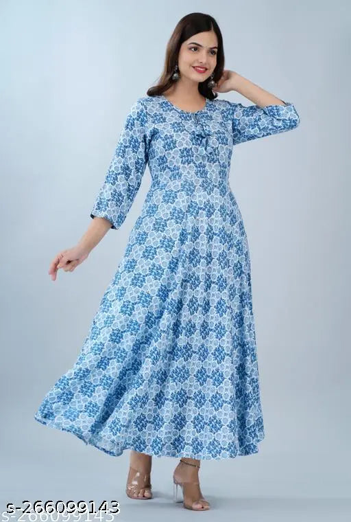 Rayon floral printed flared blue kurta, premium quality, versatile use, vibrant color