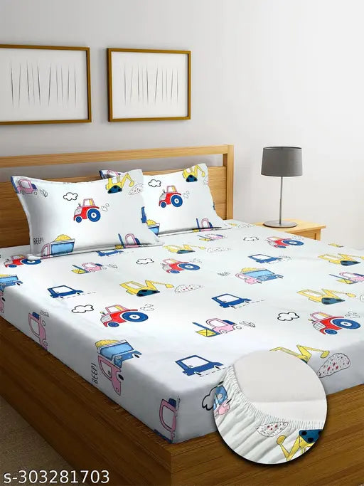 Premium cotton king size fitted bedsheets, cartoon design with 2 pillow covers, supersoft 72x78+10 inches, TARAIN COLLECTION