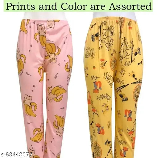 Assorted women's track pants with soft cotton fabric, featuring night-dressing prints, pyjama lounge wear, set of 2 pcs