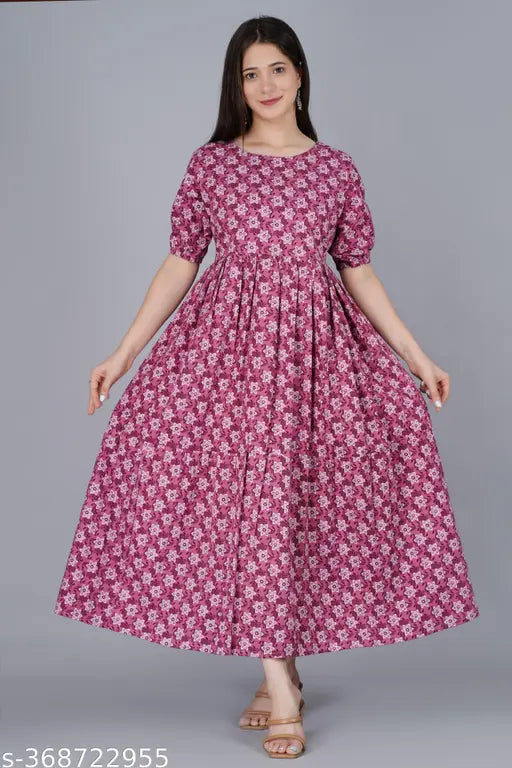 Purple floral print anarkali kameez dress with long sleeves and full skirt