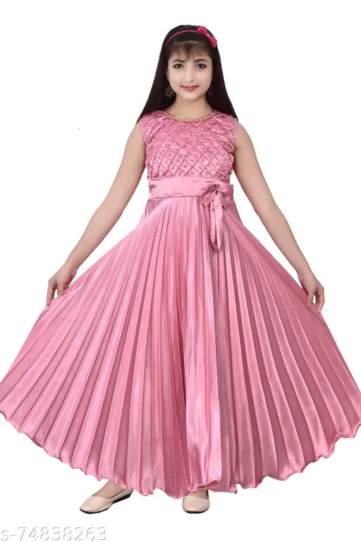 100% silk satin checked party gown for girls, long sleeves, size 3-4 years, India origin