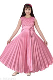 100% silk satin checked party gown for girls, long sleeves, size 3-4 years, India origin
