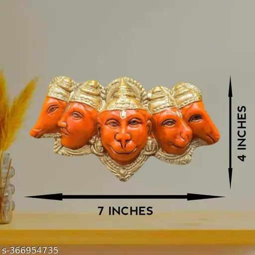 Orange polyresin Panchmukhi Hanuman statue, 7x4 inches, with five faces of Lord Hanuman and Sankat Mochan motif, Vastu decorative gift for temple, home or office