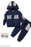 Dark blue bear hoodie set for kids, wool, long sleeves, printed design - ideal for casual play