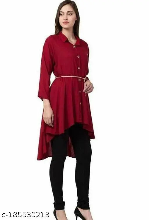 Maroon Chanderi Silk casual kurti for women, three-quarter sleeves, solid design, S to XL sizes available, Made in India