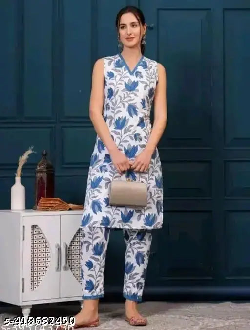 Rama Flower Cotton Kurta Set: Sleeveless Indian outfit in cotton blend, features printed floral design, paired with matching pants for a chic ensemble