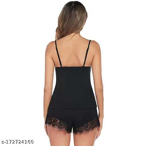 Stylish black and maroon nylon babydoll nightdress with spaghetti straps and shorts, perfect for women's sleepwear or sexy night outfits, free size 28-36 inches. Made in India