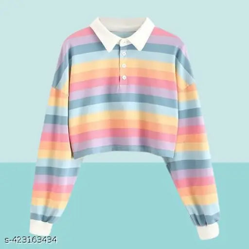 Pastel Colorful Rainbow Striped Cropped Polo T-Shirt: Eye-catching pastel colorblocked long sleeve tee with half-button front and full-length sleeves, made from breathable Lycra. Available in sizes S, M, L, XL