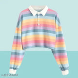 Pastel Colorful Rainbow Striped Cropped Polo T-Shirt: Eye-catching pastel colorblocked long sleeve tee with half-button front and full-length sleeves, made from breathable Lycra. Available in sizes S, M, L, XL
