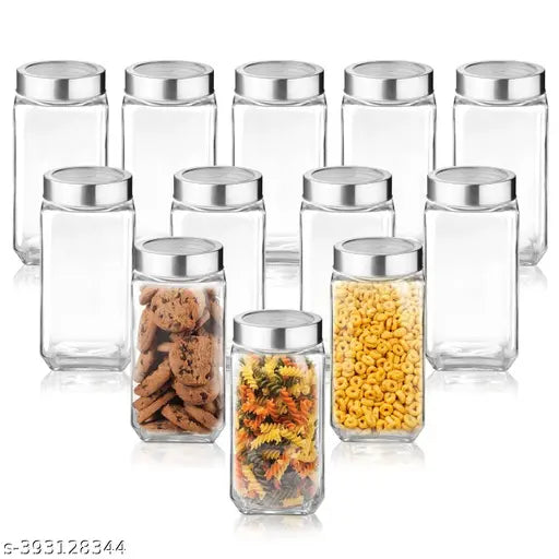 12pc Transparent Glass Jars with Silver Lids, Storage for Dry Fruits & Grains