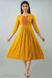 Yellow rayon anarkali with three-quarter sleeves, printed combo design, women's fashion from India
