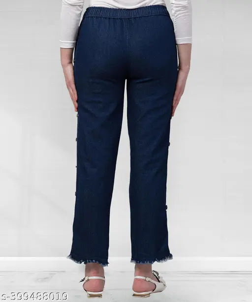 Stretchable Premium Denim Dark Blue Side Buttoned Baggy Jeans Women's Plus Size High Waist Mid Rise Ankle Cuff Elastic Waist Straight Cut Tapered