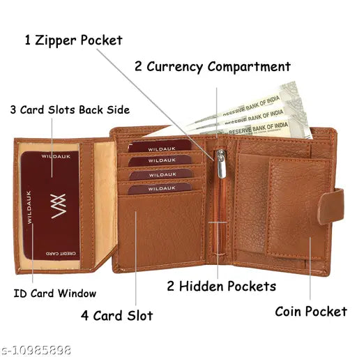 Tan artificial leather, 8-card slot men's wallet. Durable PU wallet with bi-fold button closure, textured body, and additional pockets for bills and coins. Perfect travel accessory for men