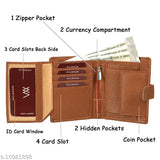Tan artificial leather, 8-card slot men's wallet. Durable PU wallet with bi-fold button closure, textured body, and additional pockets for bills and coins. Perfect travel accessory for men