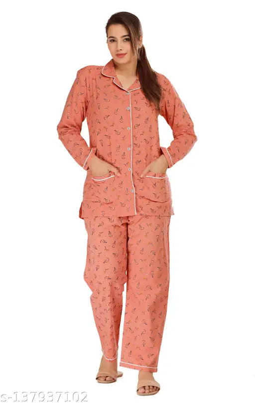 Lemon print rayon women's night suit set with long sleeves, Indian-made
