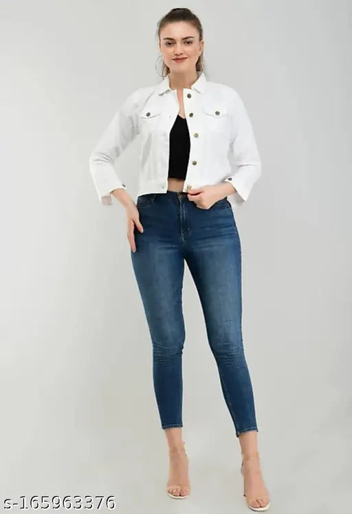 Cotton blend solid-colored girls' long sleeve denim jacket, size L, Indian origin