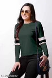 Green cotton blend long sleeve women's tee, solid design for casual wear