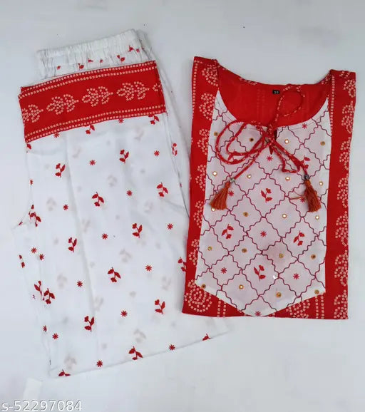 Rayon kurti set with palazzos, three-quarter sleeves, printed net design - Indian ethnic wear for XS, S sizes