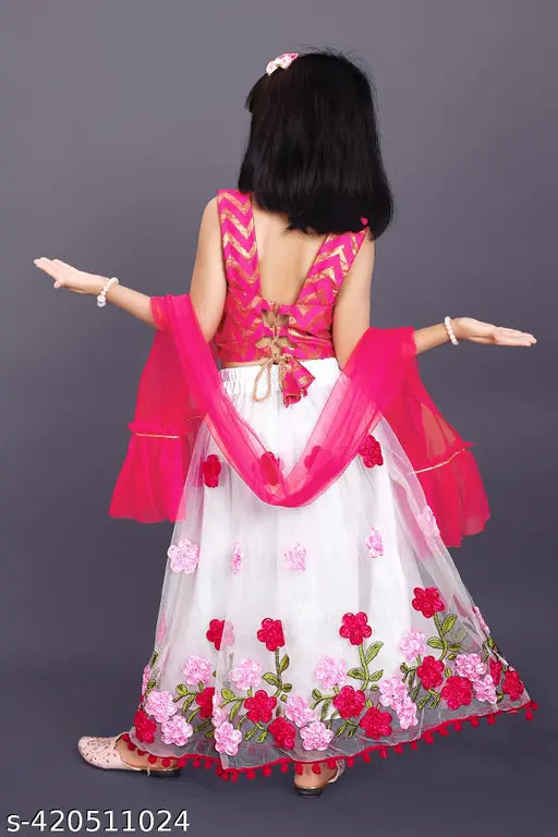 Embroidered pink vneck lehenga choli set for kids, heavy soft net and jacquard fabric, ribbon work, matching ballerinas, Gota lace dupatta