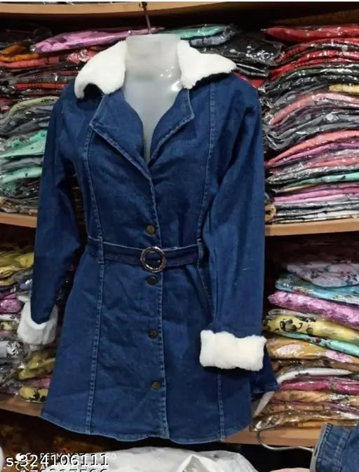 Fur coat, long sleeve, button front, hood, faux fur, blue fabric, for women