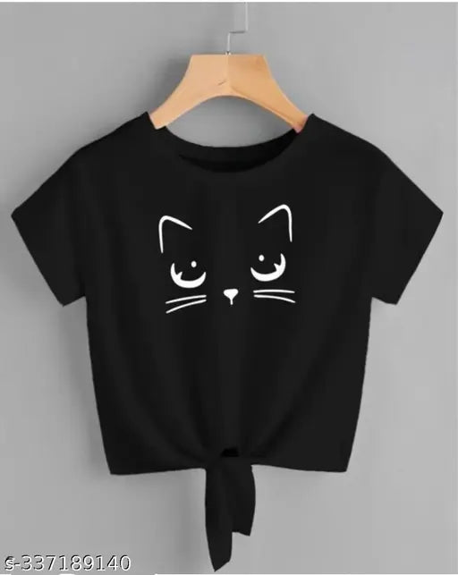 Black lycra crop top with cat face print for women, trendy short sleeve fashion