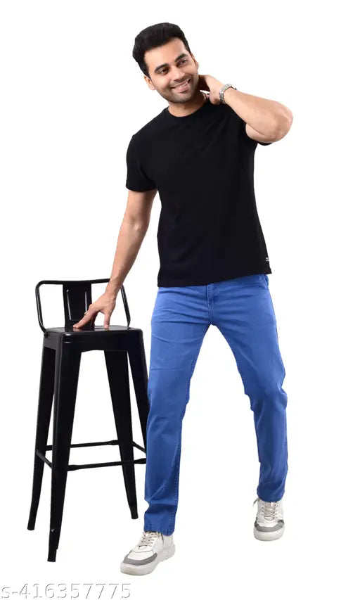 Skyblue denim jeans for men, stylish and trendy, solid fabric, casual wear, stretchable, size options available from 28-40 inches (Waist: 28-40, Length: 41in, Hip: varies) - Made in India