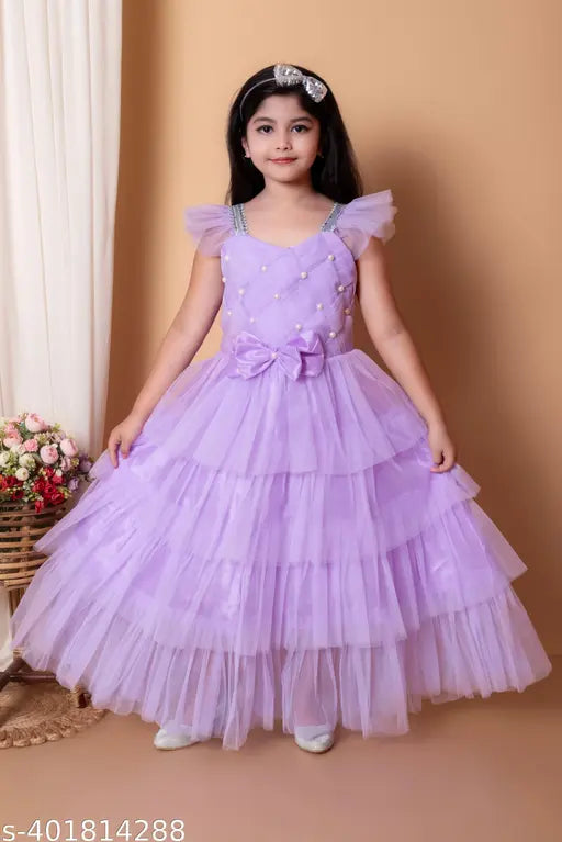 Embellished net party dress for girls, short sleeves, vibrant and comfortable summerwear, India origin