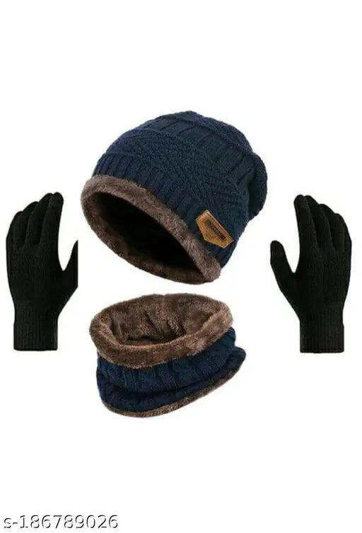 Snow-proof wool unisex beanie cap set with neck warmer, thick fleece lined for men & women. Solid color winter caps and gloves combo in black, green, olive, pink, red