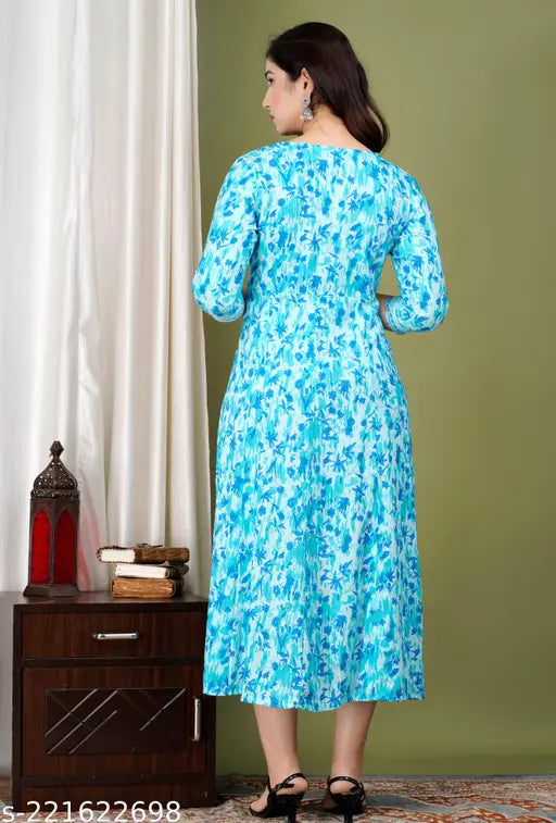 Sky blue rayon anarkali kurti with three-quarter sleeves and printed combo design, India-made fashion for women