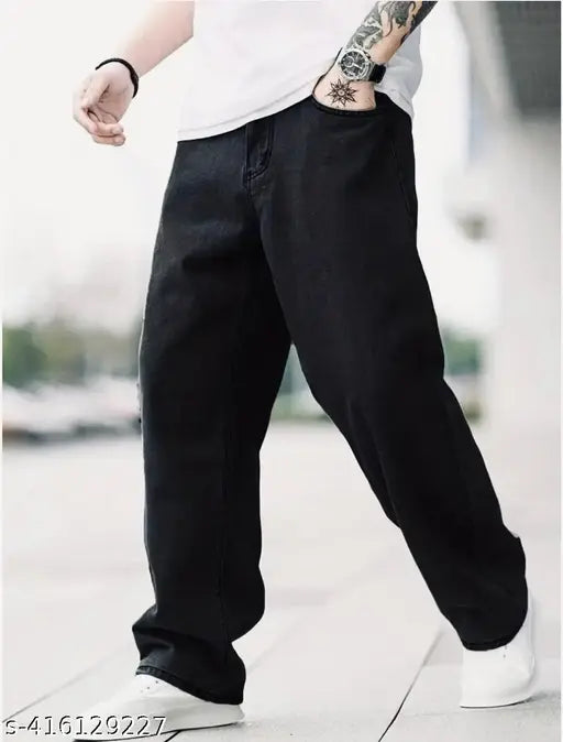 Loose fit black denim pants with rolled up cuffs, casual men's style