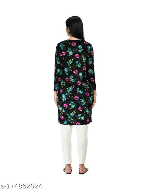 Velvet digital print kurti for women, full sleeve, three-quarter length, single size M-XXL. IndiWeaves winter fashion, comfortable and stylish