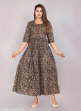 Rayon printed long Anarkali kurta with three-quarter sleeves, Indian-inspired floral design for women's fashion events or parties