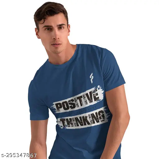 Blue cotton-blend men's short sleeve t-shirt by FABYAY, printed design on front