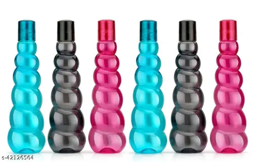 Multicolor plastic fridge-safe Unique Water Bottles, pack of 6 with dimensions: 10cm x 15cm x 10cm and a capacity of 1L each