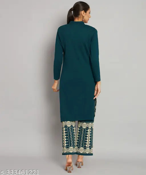 Multicolor women's woolen floral A-line V-neck kurta set with palazzos, trendy and cozy Indian design