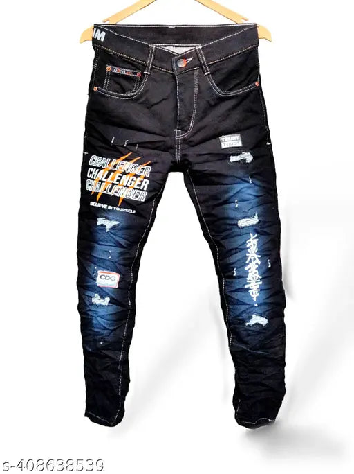 Black, distressed jeans with a graphic print, men's fashion streetwear
