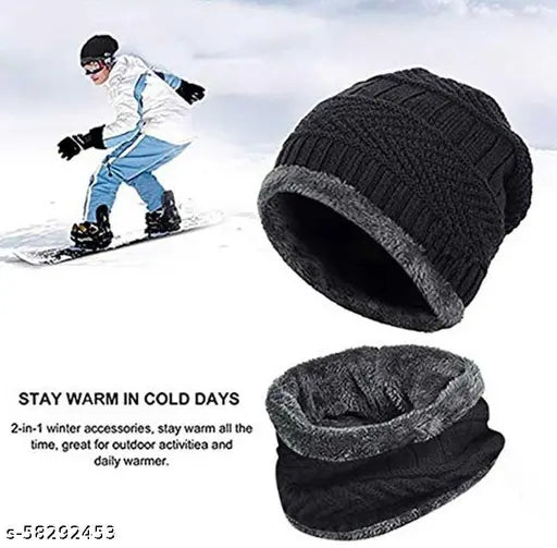 Woolen beanie cap combo & scarf (2 pairs), warm winter essentials in self-design, 100% soft touch wool