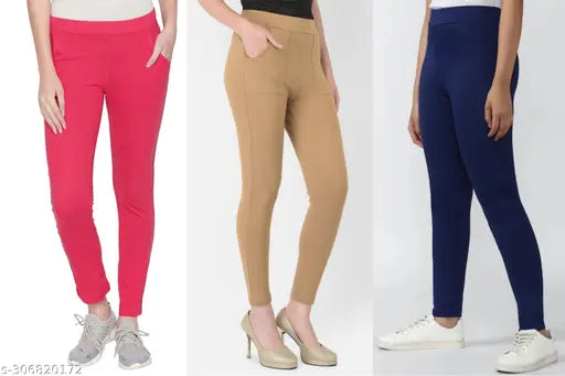 Cotton blend jeggings set, solid net pattern, free & comfortable, size options: 26", 28", 30", 32", free size