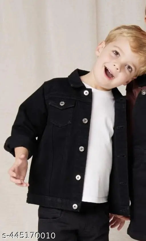 Black denim jacket with white trim and black lining, children's style
