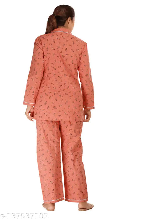 Women's rayon lemon night suit set, long-sleeved printed pyjamas and shirt for L size, made in India