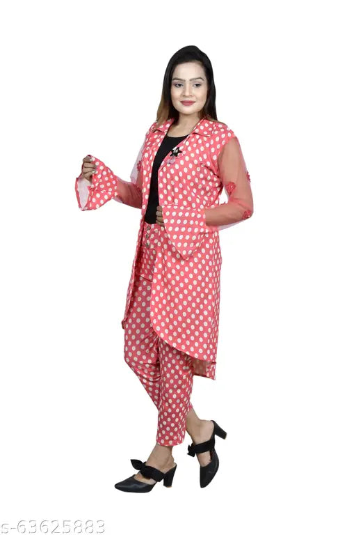 Polka print maxi jumpsuit with shrug top and pant, cotton blend, long sleeves, party dress for women