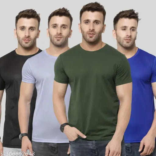 High-quality polyester solid round neck half sleeves T-shirts for men, ideal for gym, sports, and casual outings (India-made)