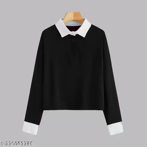 Solid regular black cotton blend long sleeve JUSTAPOSE T-shirt, XS (36in bust, 26in length) - stylish women's collared polo top for daily wear