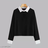 Solid regular black cotton blend long sleeve JUSTAPOSE T-shirt, XS (36in bust, 26in length) - stylish women's collared polo top for daily wear