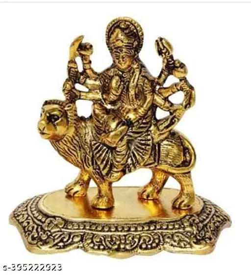 Gold metal Goddess Durga statue on lion, temple decor for home or office (12cm x 8cm)