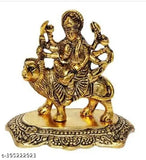 Gold metal Goddess Durga statue on lion, temple decor for home or office (12cm x 8cm)