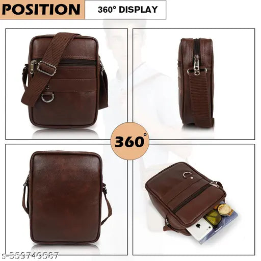 Brown leather men's shoulder bag with adjustable strap, multiple card slots and a main compartment for a tablet or laptop